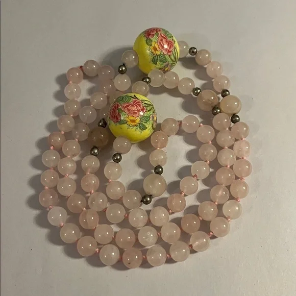 Vintage Rose Quartz Beaded Necklace with Painted Floral Accent Beads - Picture 2 of 5